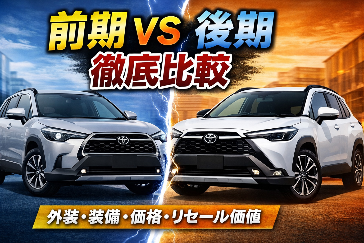 カローラクロス前期と後期の外装や装備の違いを比較したイメージ